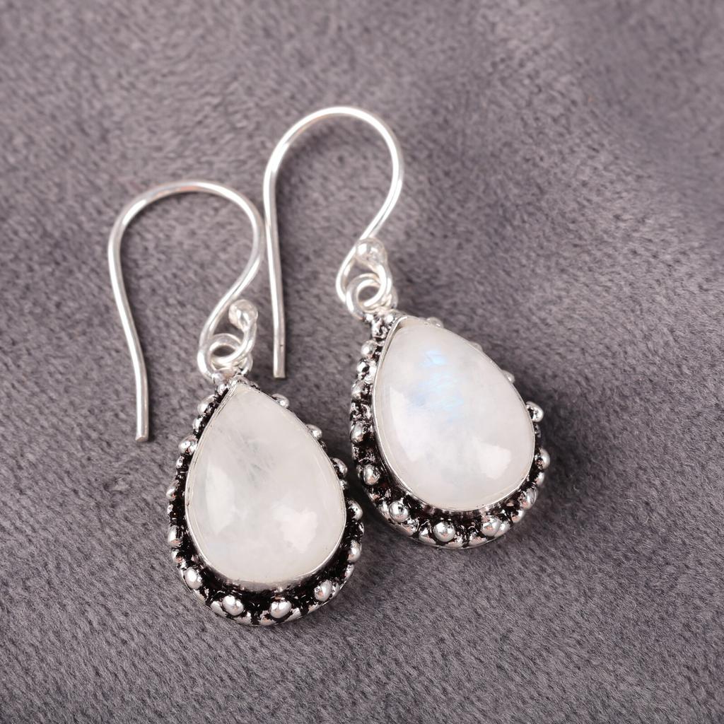 Натуральный Радужный Лунный Камень Драгоценный Камень 925 Стерлинговое Серебро Ювелирные Изделия Серьги 1,41" EE-97-31