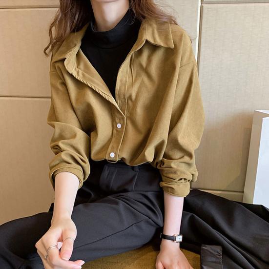 Women Corduroy Shirt Lapel Long Sleeve Single-Breasted Shirt Tops Bottoms Tops Layer Wear Commuter Style Shirt