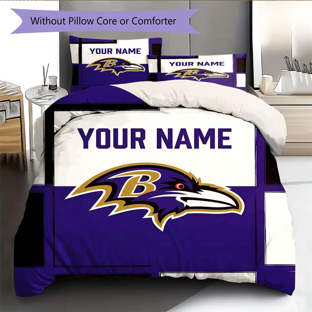 Custom Name,Baltimore Ravens Pattern Bedding Home Decoration Birthday Gift ( 1 duvet cover + 2 pillowcase, without core),fan merchandise.