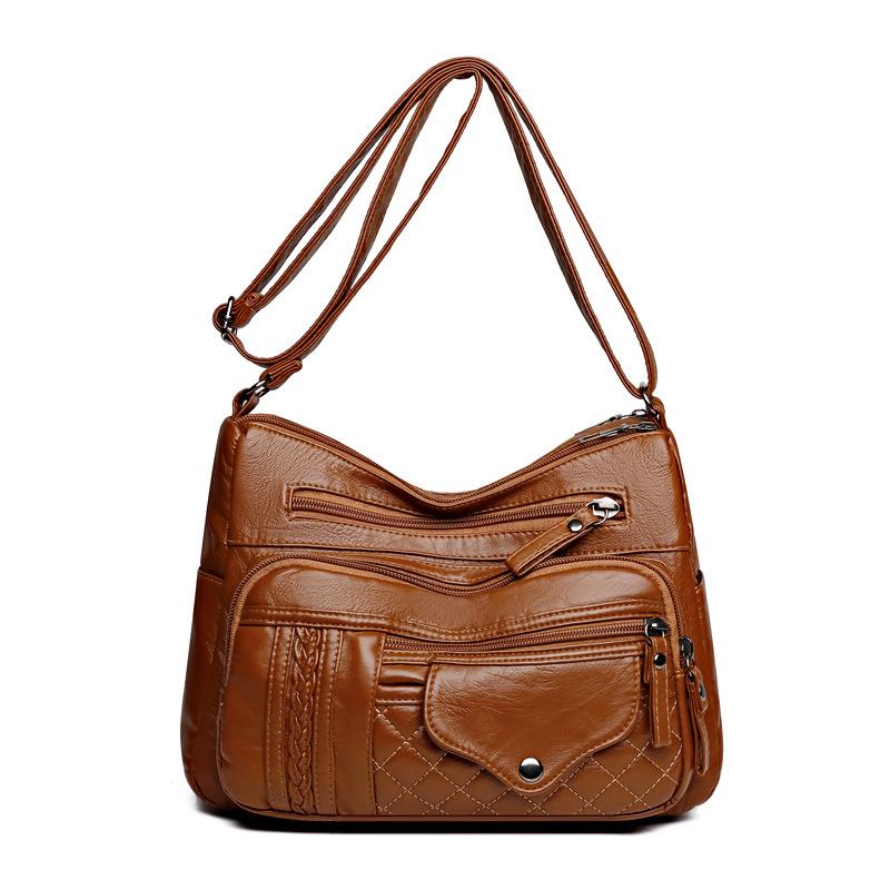 Fashion Retro Trend Four Seasons Soft Leather Multi-layer Multi-pocket Sewing Multi-layer Single Shoulder Oblique Span Women's Bag