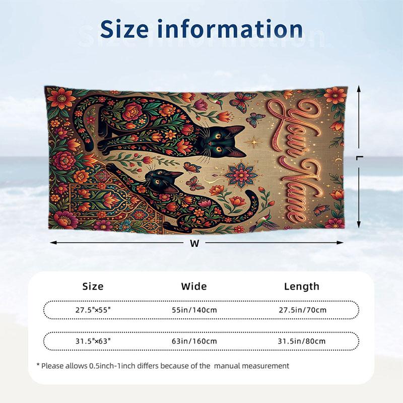Cat Theme Beach Towel Personalized Custom Name & Text Soft Quick Dry Beach Towel for Swimming Travel