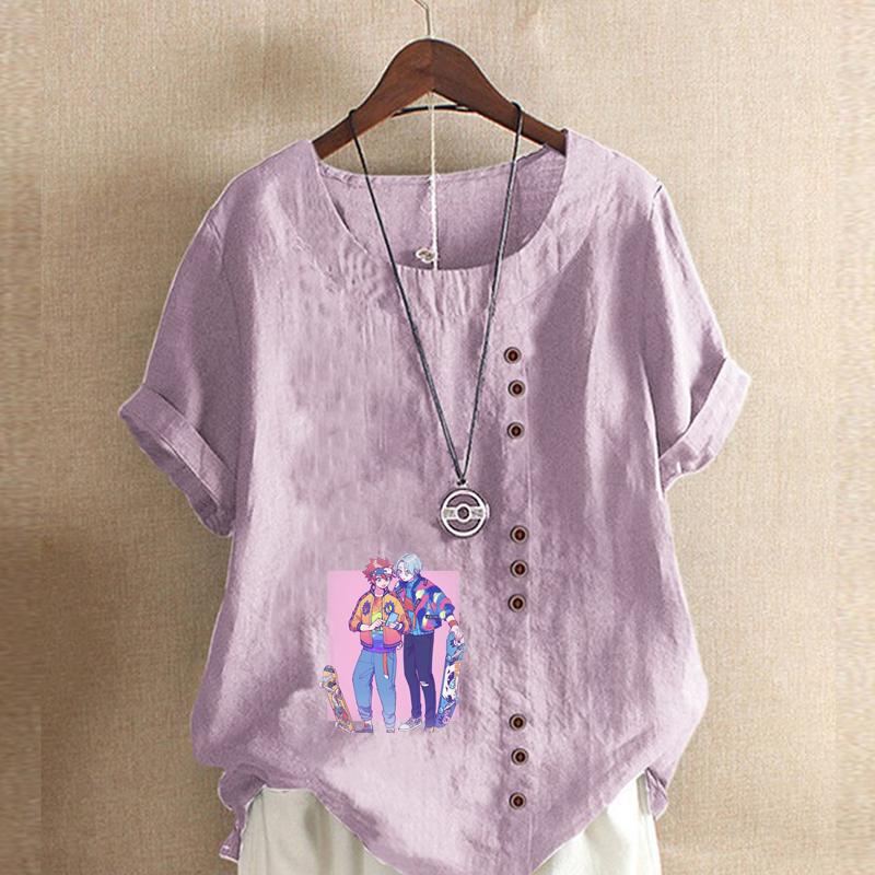 Women's Fashion Round Neck Short Sleeve T-shirt Casual Cotton Linen Graphic Shirt Leisure Loose Boys Prined Summer Blouse Tops