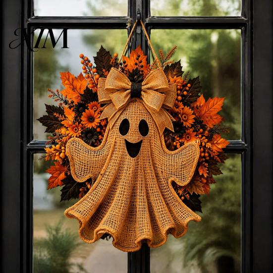 Autumn Thanksgiving Gift Ideas Rustic Halloween Ghost Wreath for Front Door, Farmhouse Burlap Hanging Artificial Maple Leaves Daisy Berry with Leaves,