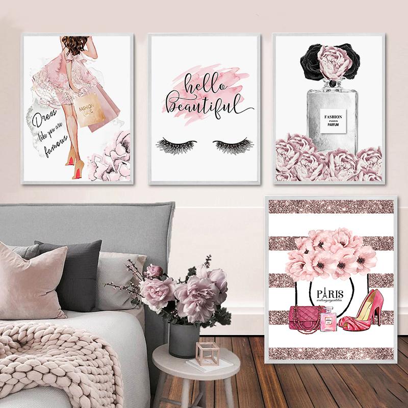 Fashion Woman Poster Pink Flowers Perfume Canvas Painting Wall Art Eyelash Makeup Print Picture Modern Girl Room Home Decoration