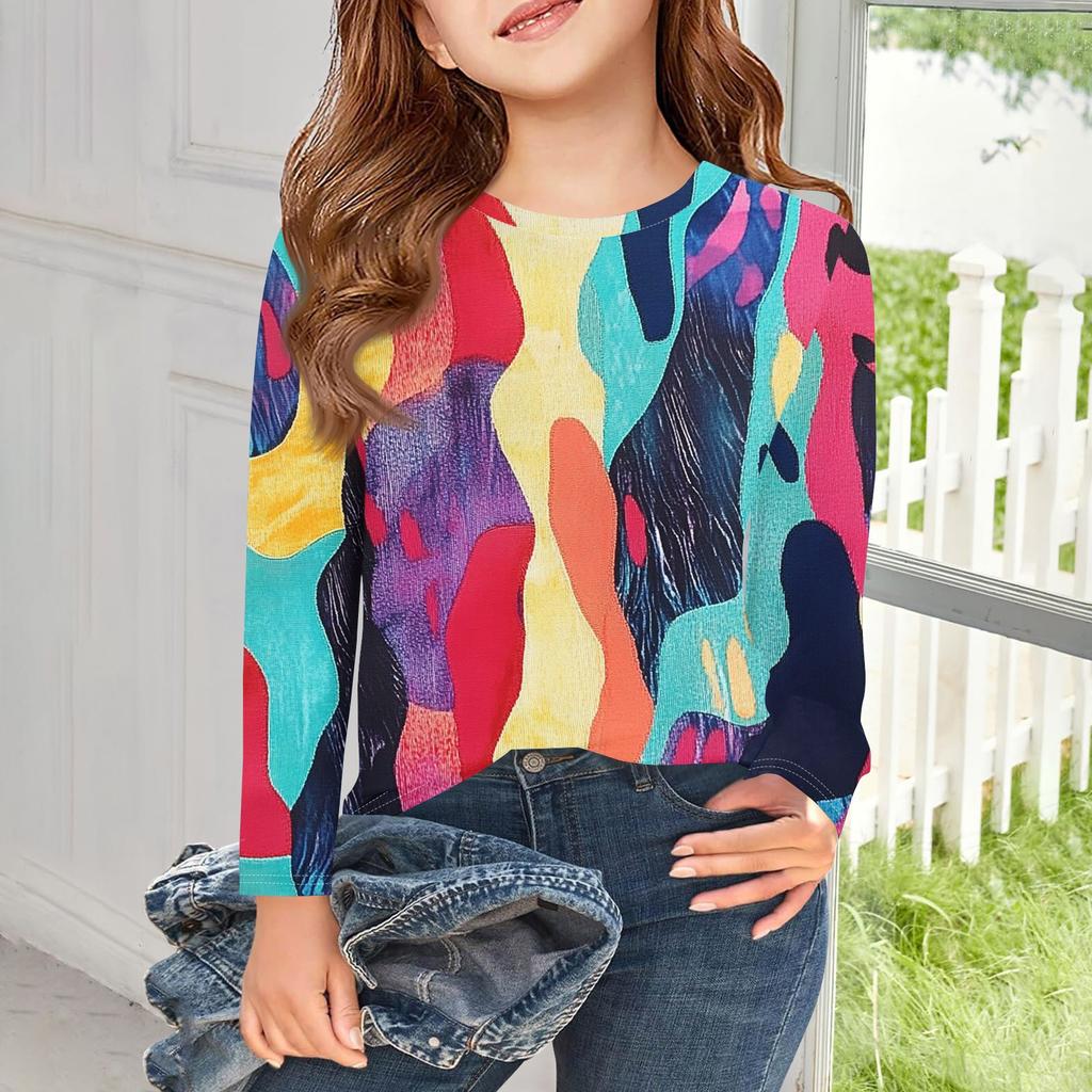 Футболки с длинным рукавом для девочек, детские осенние топы с круглым вырезом и принтом, базовые футболки для детей 5–14 лет