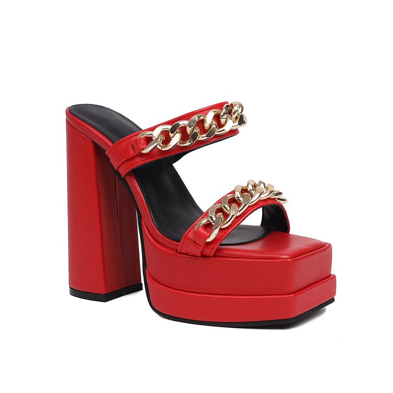 Sexy High Heels Women Slippers Platform 2025 Summer Slides Mules Shoes Party Dance Chain Black Red Sandals Large Size Brand