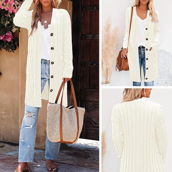 Женский свитер, кардиган с V-образным вырезом, длинным рукавом, перекрученной текстурой, трикотажными топами с карманами, однотонный трикотажный жакет на пуговицах