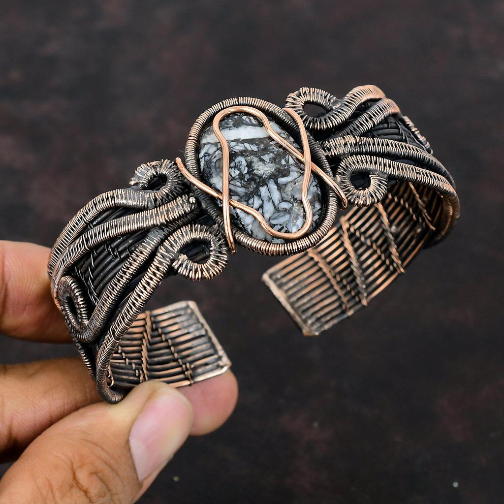 Браслет из пинолита с яшмой, медная проволока, браслет-манжета, регулируемый браслет, ювелирные изделия ручной работы, браслет с драгоценными камнями, медная проволока, ювелирный подарок для нее