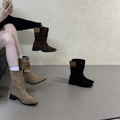 Осенне-зимние ботинки 2025 новые французские полусапоги на толстом каблуке, высокие ботинки, плиссированные ботинки с мехом