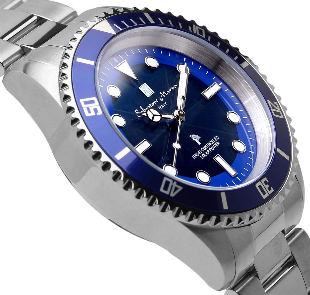 Часы с функцией предотвращения обратного вращения радио 10 ATM Water Silver x Blue [Salvatore Mara], солнечные, безель, устойчивые, мужские SM22110-SSBL