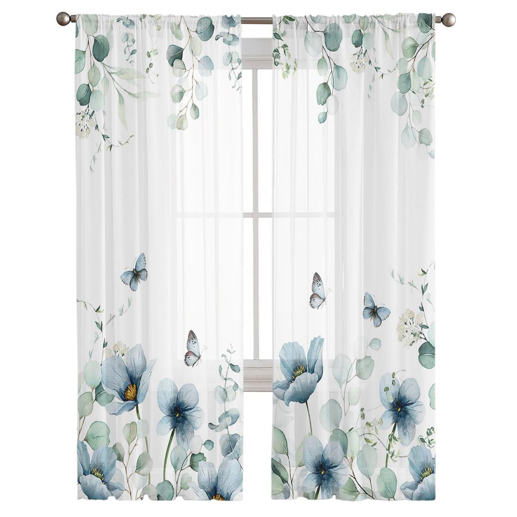 Эвкалипт, тюльпан, бабочка, цветок, ромашка, лист, прозрачные шторы, спальня, гостиная, вуаль, оконные шторы, тюлевые шторы, детская комната