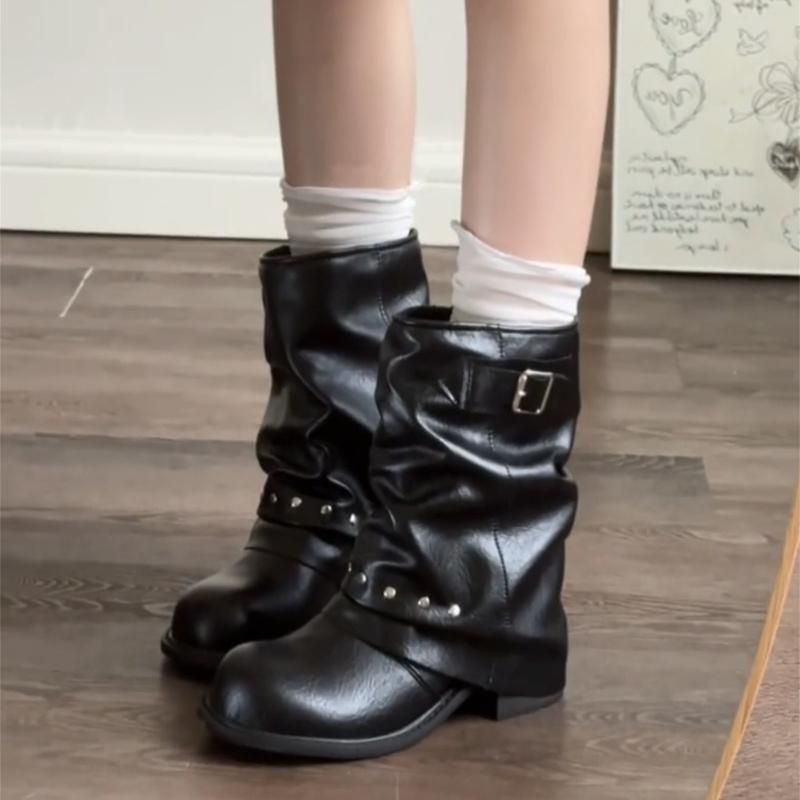 Зимние винтажные плиссированные женские ботильоны-трубы до щиколотки, модные туфли с ремешком на заклепках и пряжке, женские лаконичные ботильоны на толстом каблуке