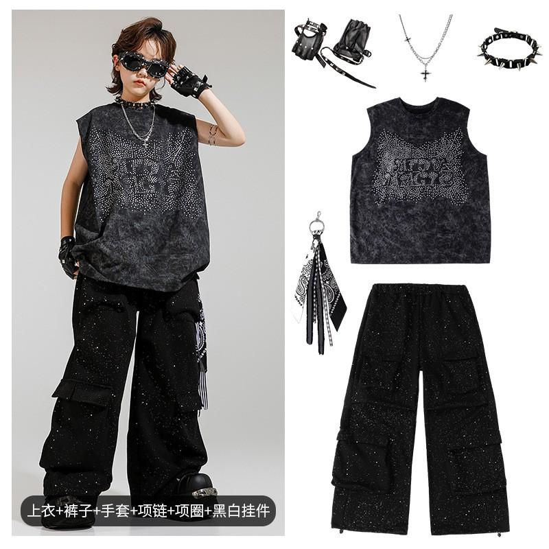 Kids Hip Hop Performance Outfit Set Boys Girls Sleeveless Rhinestone Vest Pants Street Dance Costume