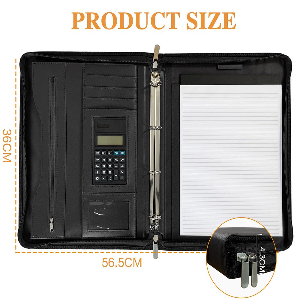 Portfolios Organizer 4-Ring Binder Leather A4 Zippered Padfolio with 10 Inch Tablet Solar Calculator Card Storage and Writing Pad