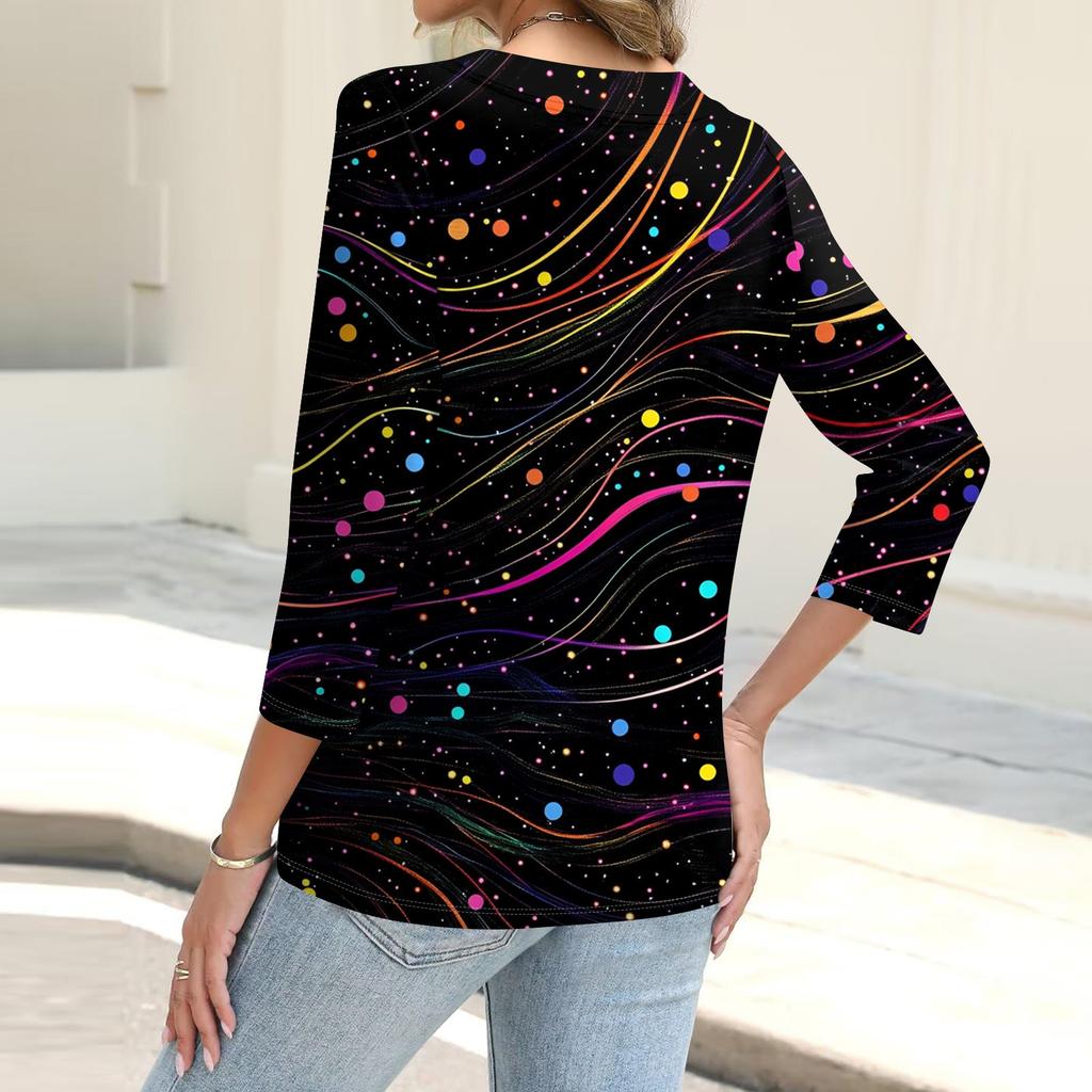 Women's Fashion Casual Print Button-down Shirt 3/4 Long Sleeve Tops