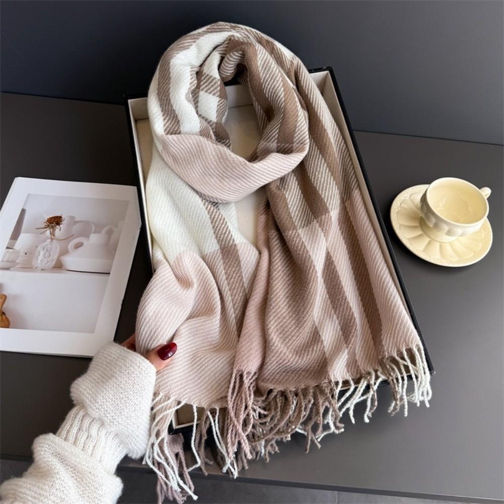 Tassel Checkered Scarf Imitation Wool Texture Autumn Winter Scarf Fashionable Warm Scarf Women