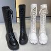 Women Knee High Boots Thick Sole Punk Style Women Motorcycle Boots Retro Square Heel Lace Up Women Boots Black White Botas Mujer
