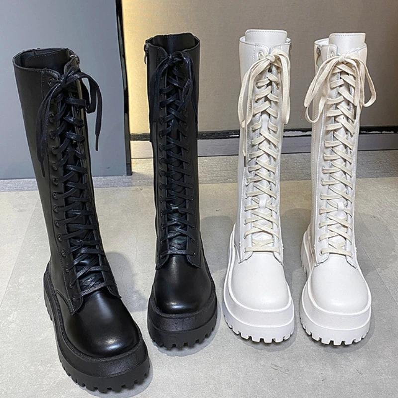 Women Knee High Boots Thick Sole Punk Style Women Motorcycle Boots Retro Square Heel Lace Up Women Boots Black White Botas Mujer