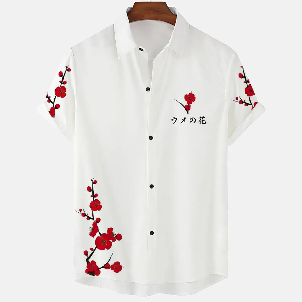 Japanese Aesthetic Cherry Blossom Print Men's Shirt Fashionable Luxury Lapel Button-down Shirt Casual Short-sleeved Tops