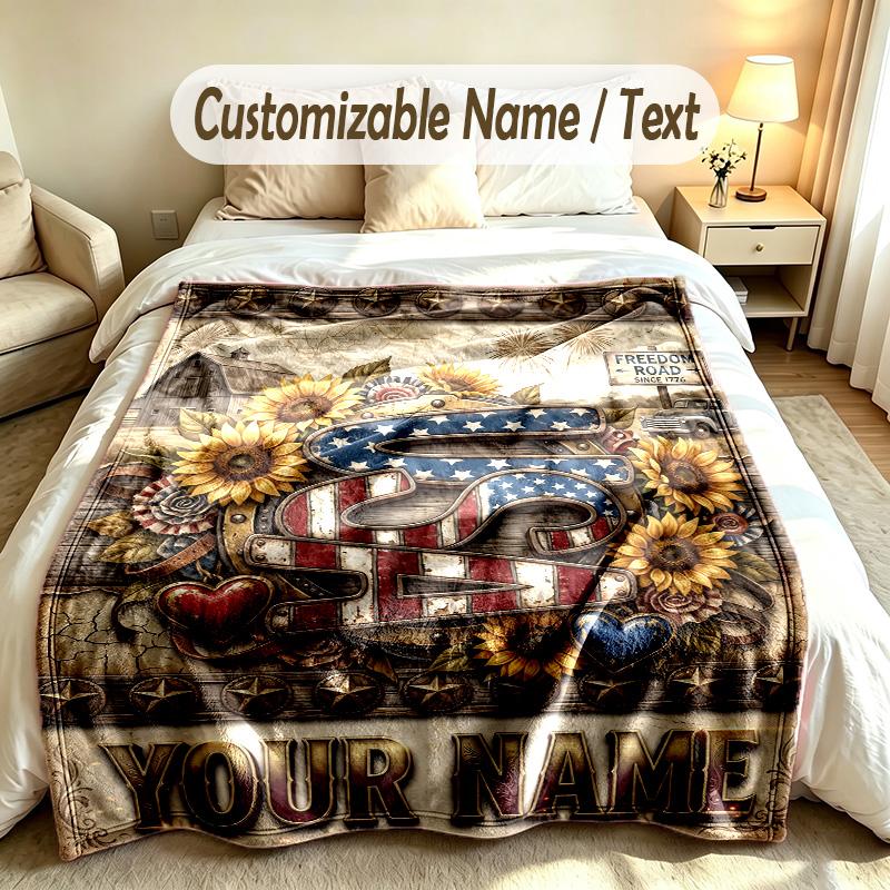 American Patriotic Theme Custom Blanket Personalized Name & Text Customized Soft Warm Throw Blanket Home Decor