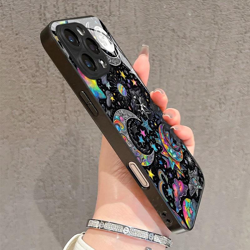 Цветной чехол для телефона со звездами и луной, стеклянный, для iPhone 17 16 15 14 13 12 11 Pro Max 16E 7 8 Plus XR XS X, противоударный
