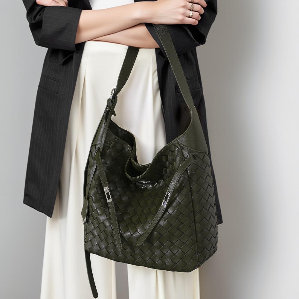 Кожаная женская сумка, плетеная вручную, большая вместительная сумка через плечо, сумка для поездок на работу, повседневная женская сумка с сумкой через плечо