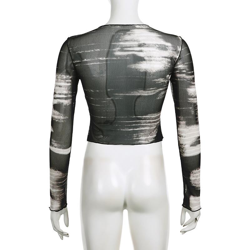 Модные тонкие сетчатые топы с абстрактным принтом и длинными рукавами и круглым вырезом, короткий кружевной женский топ