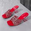 Shiny Sequins High Heel Slippers for Women Summer Fashion Square Toe Transparent Heeled Sandals Woman Gold Silver Glitter Slides