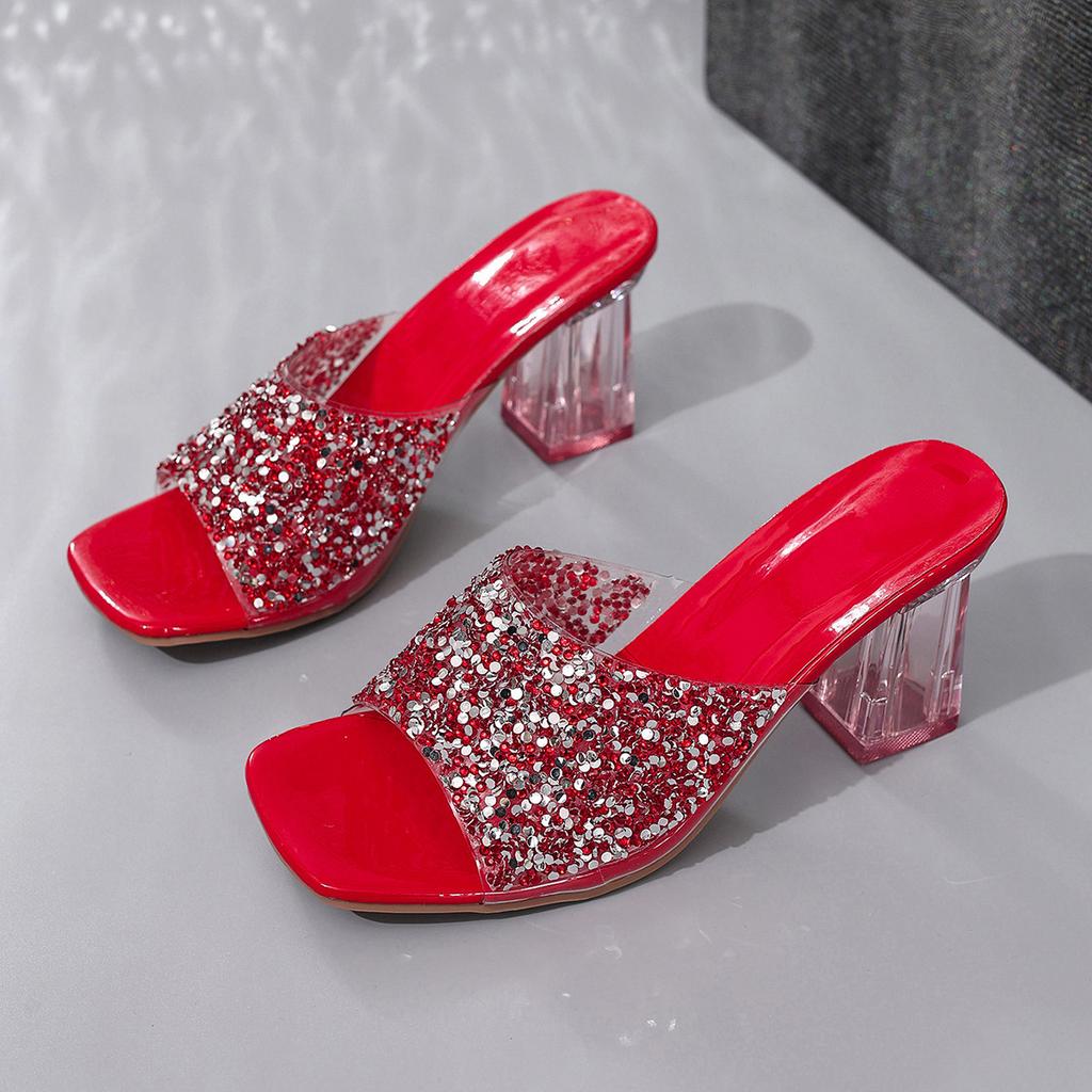 Shiny Sequins High Heel Slippers for Women Summer Fashion Square Toe Transparent Heeled Sandals Woman Gold Silver Glitter Slides