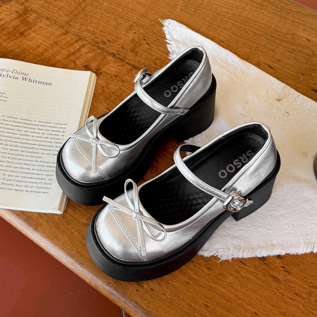 Серебристые французские ретро туфли-лодочки с круглым носком, толстым высоким каблуком, женские, новинка лета 2025, под юбку, JK, туфли Мэри Джейн