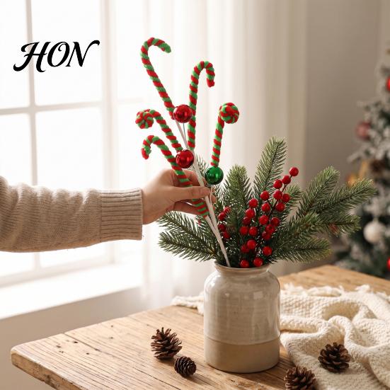 Plush Candy Cane Decor Christmas Pick, Red White Green Stem, Branch for Vase Filler, Wreath, Xmas Tree Decoration Filler