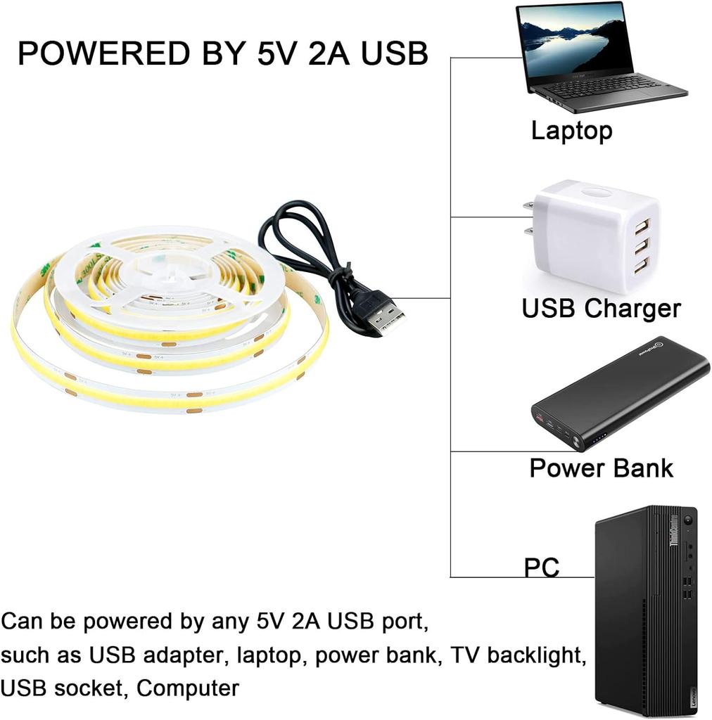 DC 5V USB COB Strip 320Leds/M White/Ice Blue/Pink/Yellow/Pink/Red Flexible Ribbon Rope Night Lamp TV Backlight LED Strip