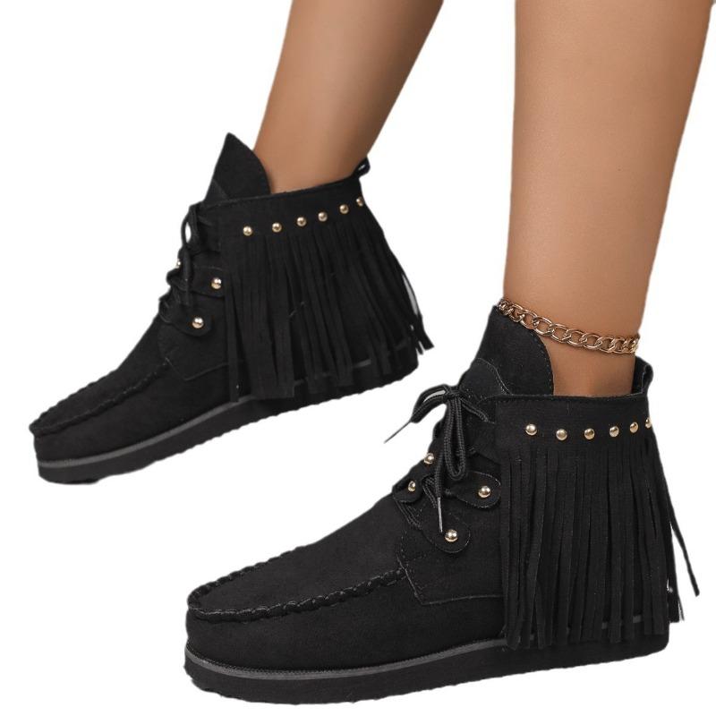 Женские ботинки 2024 года, новые короткие ботинки с кисточками и шнуровкой, с заклепками, с плоской подошвой, с кисточками, удобные нескользящие женские ботинки Chelsea Botas Mujer
