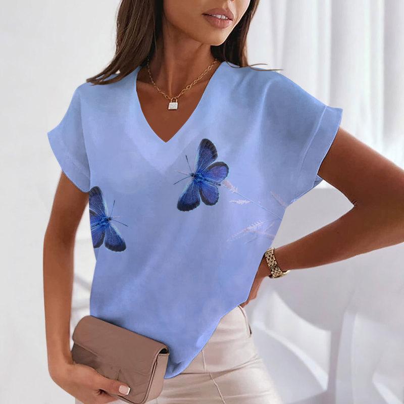 Women's V-neck Peacock Print Short Sleeve Tops Harajuku Oversized Tee Shirt Fashion Elegant Tees Casual Pullover Summer Clothing