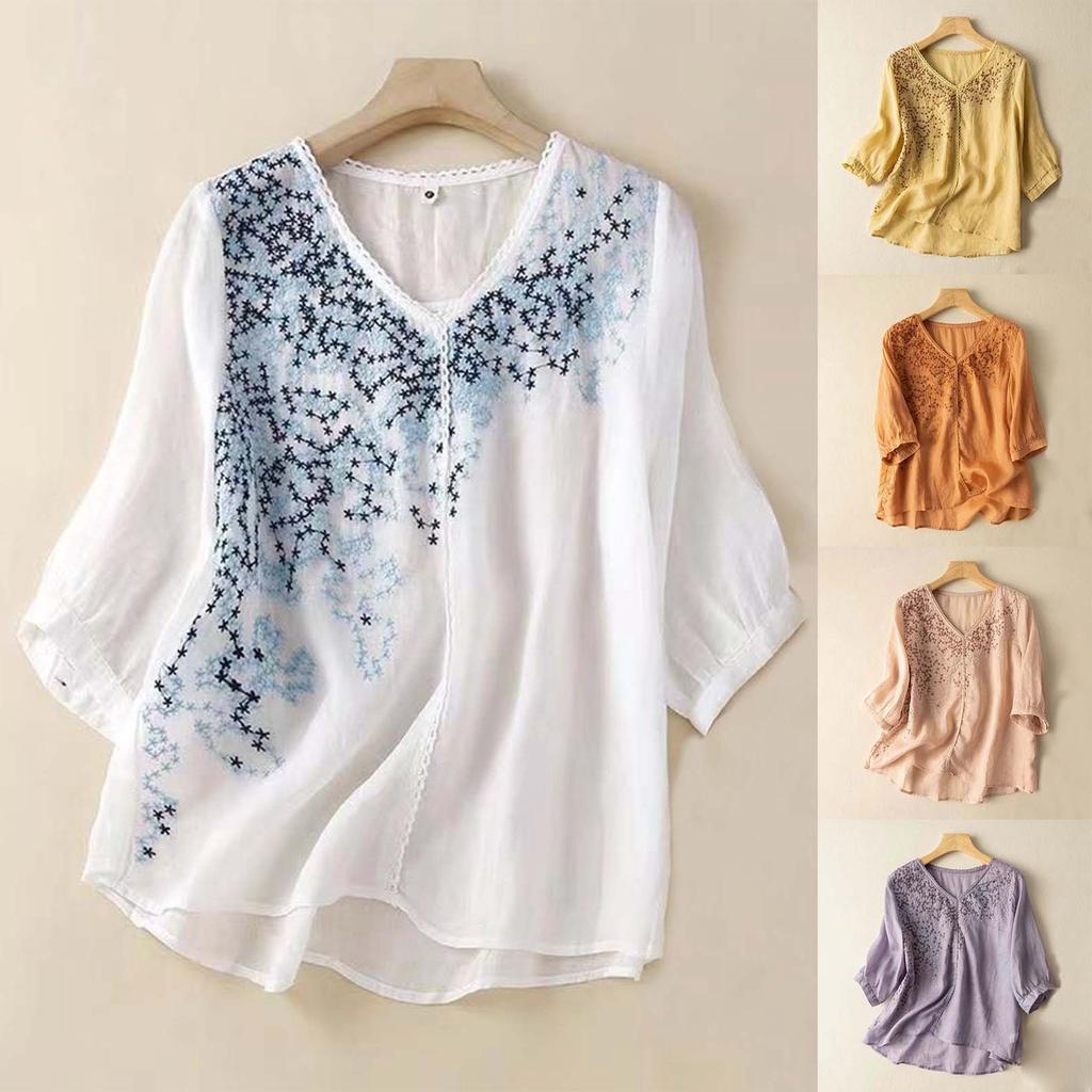 Women's Summer Embroidery Lace Slimming Blouse Boho V Neck Loose Fit Comfy Cotton Linen Tunic Blouse Half Sleeve Tee Shirt Tops