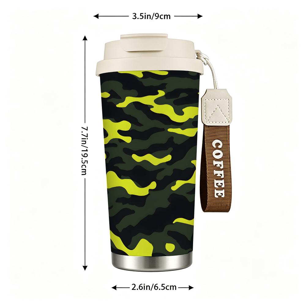 Neon Green Camouflage Tactical Style Insulated Coffee Tumbler Vacuum Stainless Steel Travel Mug Reusable Leakproof Cup for Outdoor Hiking