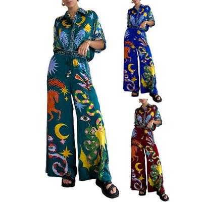 Повседневная одежда с мультяшным принтом, однобортная рубашка с длинными рукавами и высокой талией, широкие длинные брюки