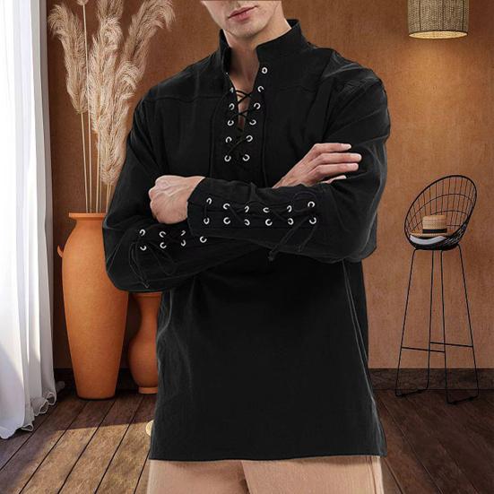 Мужчины Speing Top Воротник-стойка на шнуровке с V-образным вырезом и длинным рукавом Сплошной цвет Готический панк Пиратский стиль Свободный пуловер Мягкая дышащая мужская рубашка средней длины