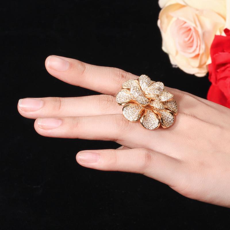 CMM Luxury Cubic Zirconia Nigerian Gold Color Statement Large Flower Finger Rings For Women Wedding Prom Jewelry