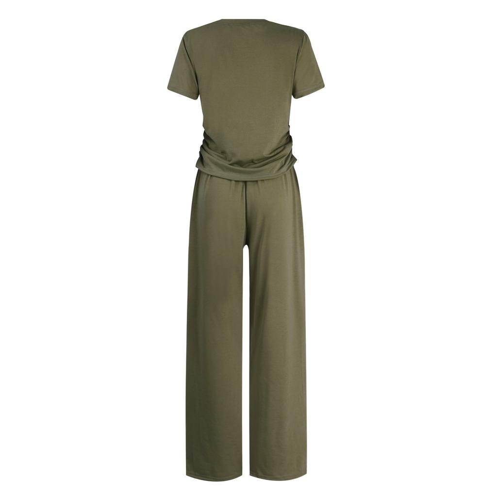 Women 2 Piece Outfits Sets Summer Short Sleeve Ruched Tops And Wide Leg Pants Tracksuit Matching Outfits