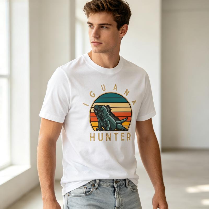 Vintage Iguana Hunter Funny Reptile Lover Unisex Tshirt Retro Sun Lizard Print Soft Cotton Crew Neck Unisexs Top Harajuku