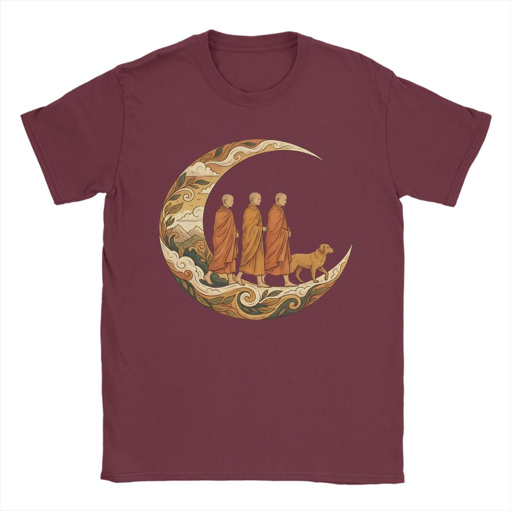 Walking for Peace Monks and Dog in a Crescent Moon Mens T Shirts Crazy Tee Shirt Short Sleeve TShirt Cotton Plus Size Clothes