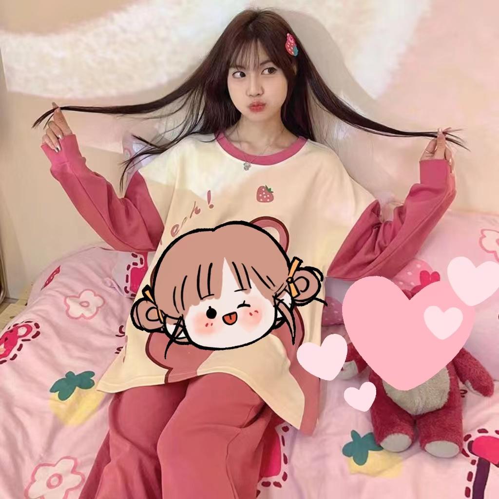 Пижамный комплект домашней одежды для женщин, весна и осень, большие размеры, с длинным рукавом, с рисунком, зимний, милый, студенческий комплект домашней одежды