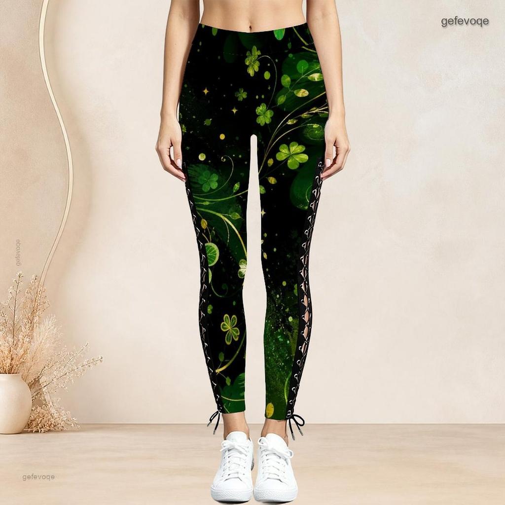 Women Plus Size High Waist Side Eyelet Lace Up Printed Dark Navy Fitted Full Length Leggings