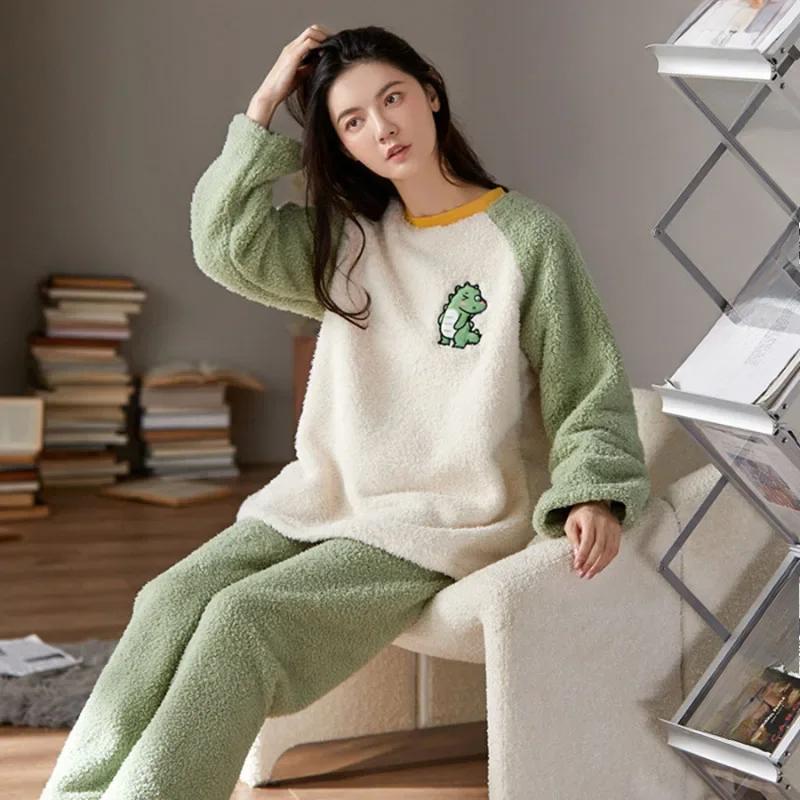 Thickened Warm Flannel Women Sleepwear Coral Velvet Pajamas Autumn Winter Cute Cartoon Bear Padded Two Sets Nightwear Casual
