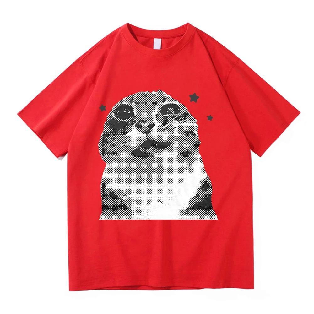 2026 Summer Unisexs Fun Cat Letter Printed Round Neck Short Sleeve Neutral 100 Cotton Soft Breathable Daily Tshirt Large