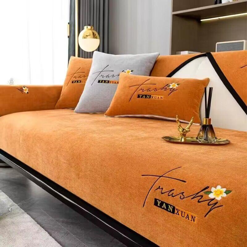 Чехол для дивана с вышитыми буквами, черный кант, универсальная подушка для дивана Four Seasons Northern Europe, нескользящая подушка для дивана из шенилла