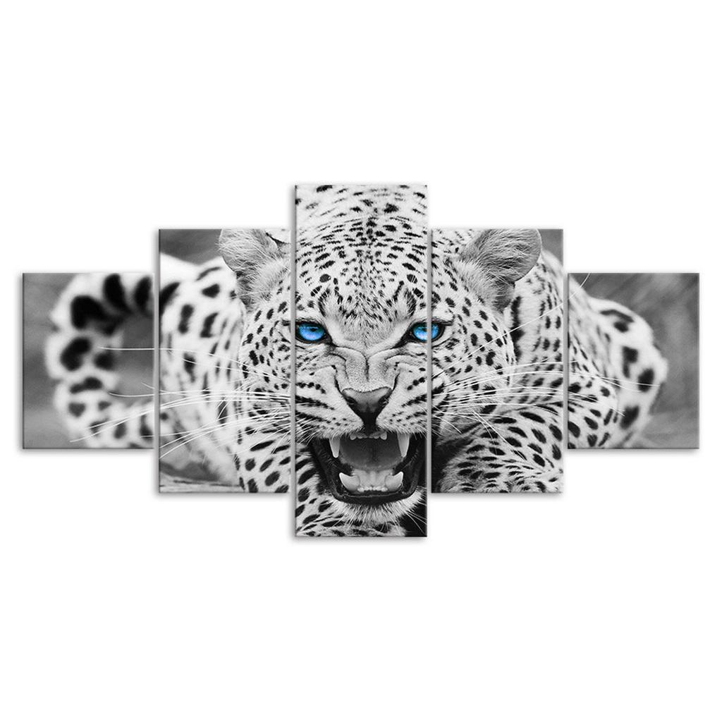 White Leopard Bright Blue Eyes 5 Piece Five Panel Wall Canvas Print Modern Art Poster Picture Home Decor Gift For Him For Her