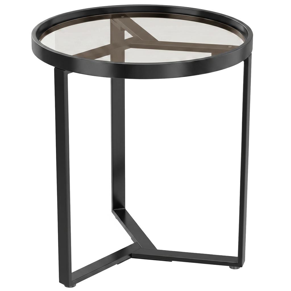 Round Side Table With Tempered Glass Top And Geometric Metal Frame For Small Space Black