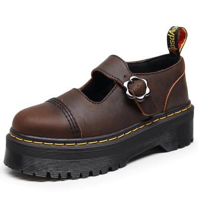 Женские туфли Мэри Джейн на толстой подошве с Т-образным ремешком, кожаные туфли с низким верхом, маленькие кожаные туфли из первого слоя кожи Crazy Horse темно-коричневого цвета, повседневные студенческие японские туфли